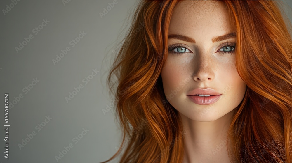Fototapeta premium Close-up Portrait of a Beautiful Woman with Long Red Hair and Striking Blue Eyes in a Soft Light Background
