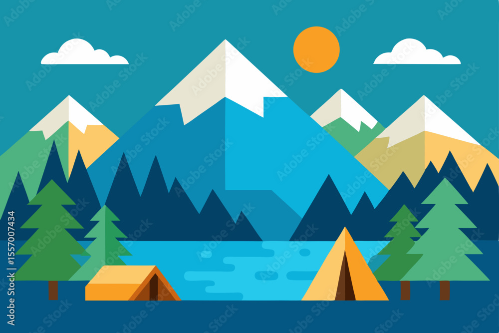A serene vector illustration of a winter mountain landscape with snow-covered trees under a clear sky A serene vector illustration of a winter mountain landscape with snow-covered trees under a clear sky