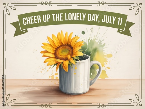 A bright sunflower in a white mug celebrating cheer up the lonely day on july eleventh