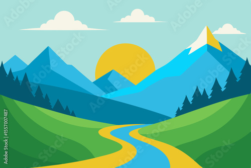 A vibrant cartoon summer landscape with green hills, blue sky, and a distant mountain range under the sun