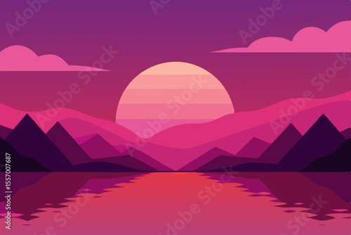 Vibrant sunset illuminates mountain landscape with clouds ablaze on the horizon