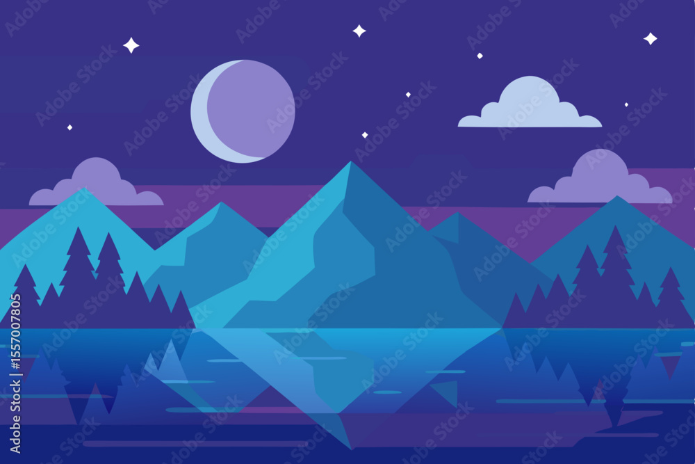 Fototapeta premium Starry winter night mountain landscape with snow and dark blue sky