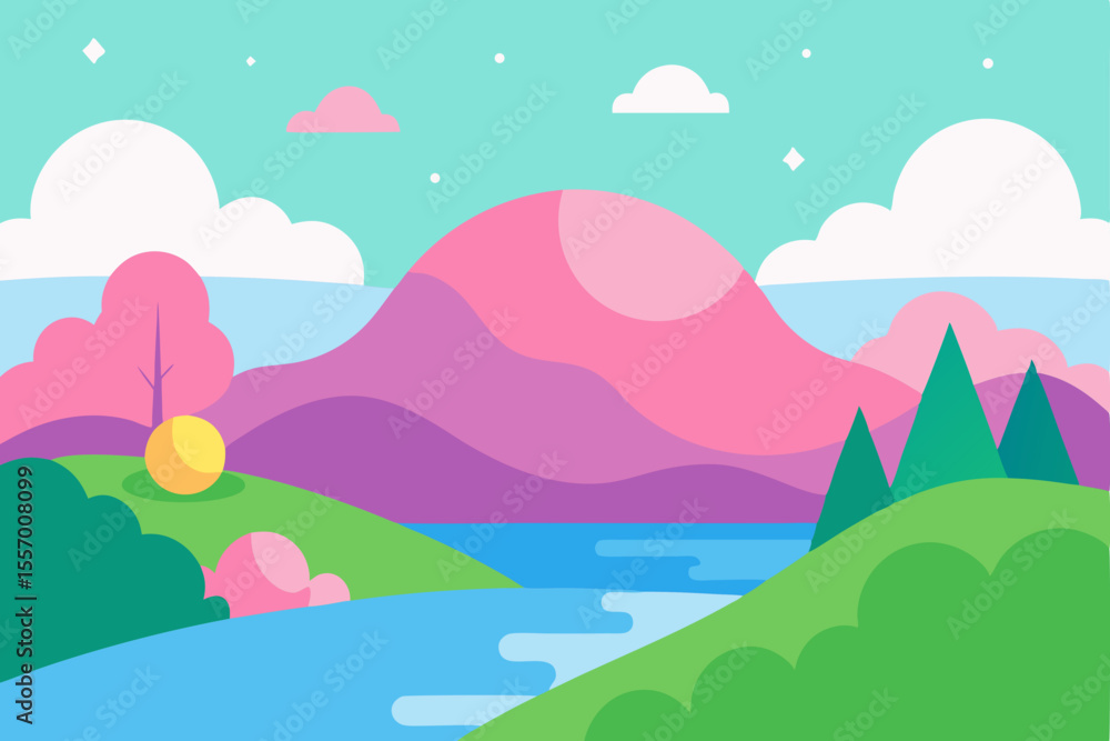 Fototapeta premium Vector cartoon landscape with green summer mountains, blue sky, and white clouds