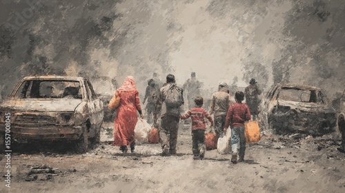 Civilians Fleeing War Amidst Destruction; Smoke-Filled Streets, Damaged Cars in Conflict Zone