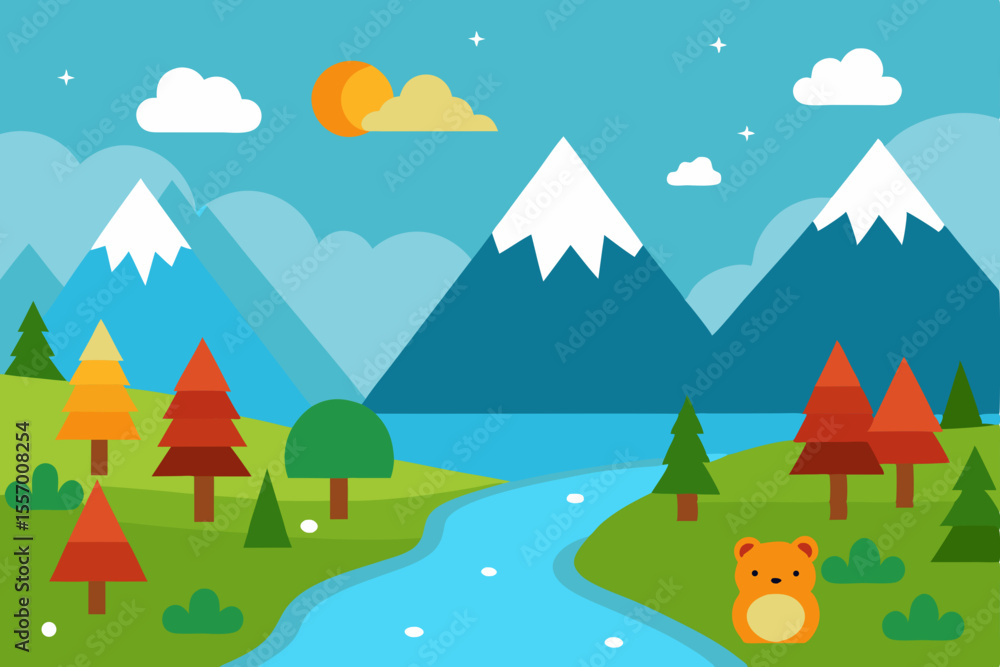 Obraz premium Serene Mountain Landscape Illustration Bear, River, and Majestic Peaks