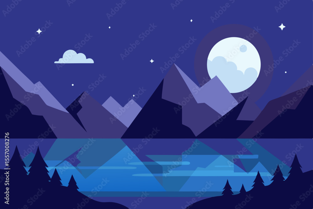 Obraz premium Serene Night Moonlit Mountain Lake Landscape Illustration