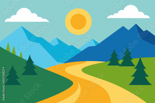 Serene Mountain Landscape Winding Road Through Majestic Peaks and Lush Green Valley