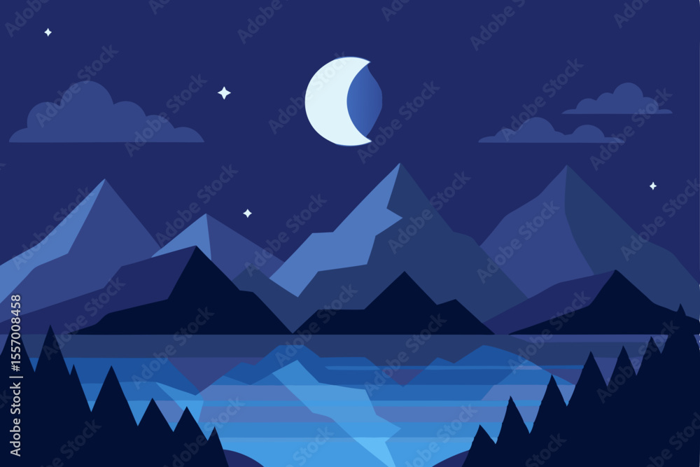 Obraz premium Serene Nightscape Moonlit Mountains and Tranquil Lake