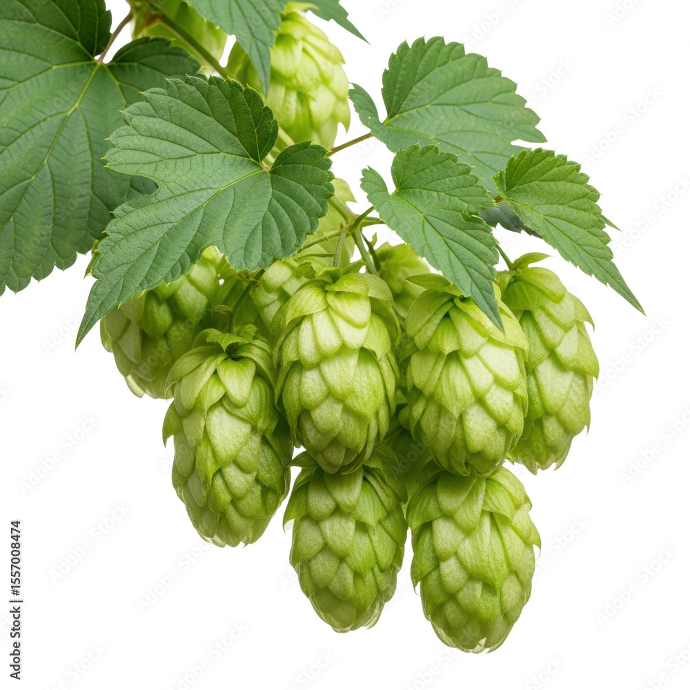 Fototapeta premium A cluster of fresh green hop cones and leaves on a vine, essential for adding aroma and bitterness to craft beer and other beverages.