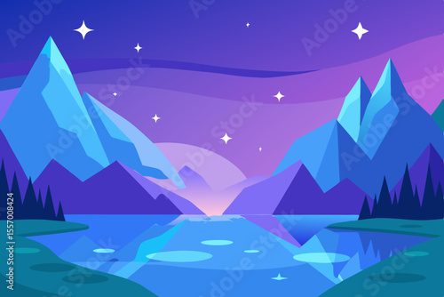 Serene Night  Mountains, Lake, and Starry Sky - A Peaceful Landscape Illustration