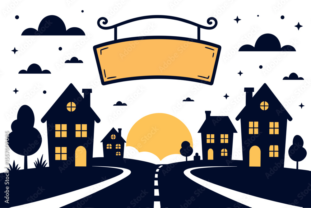 Fototapeta premium Cartoon Townscape Illustration with Houses, Road, Signboard, and Sunset in Flat Vector Style