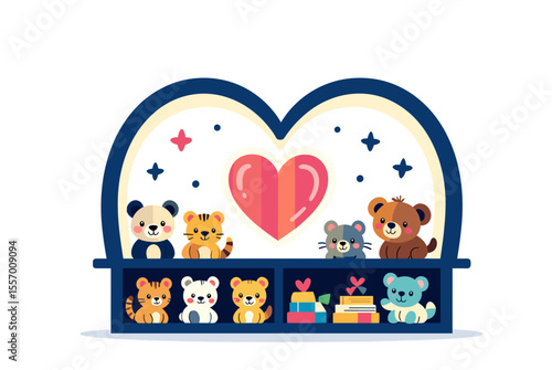 Shelf with Cute Stuffed Animals and a Heart, Vector Illustration for Children's Room Decor