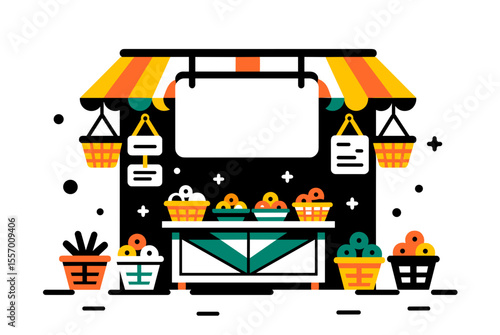 Colorful Fruit Stand Vector Illustration with Baskets and Striped Awning, Fresh Produce Market