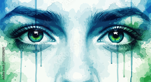 An emotive close-up of dreamy eyes, rendered in expressive watercolor splashes that convey mystery and introspection