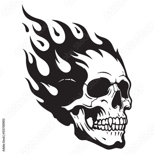 Black and white flaming skull illustration perfect for tattoo designs and spooky graphics