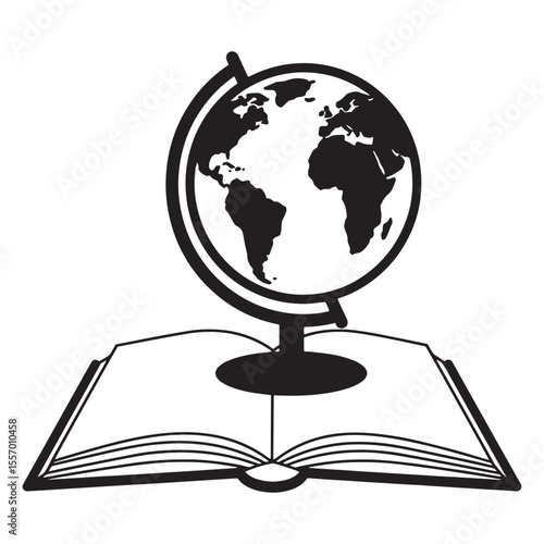 Black and white illustration of a globe resting on an open book ideal for education