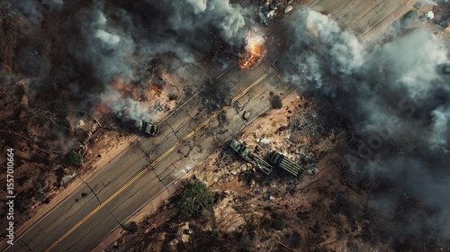 and keyword list based on the image

 Aerial view depicts destruction explosions, vehicles, and debris litter a desolate road intersection