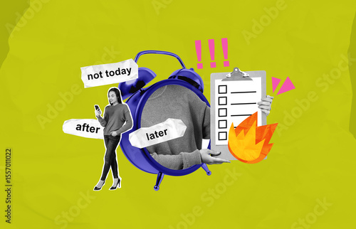 Billede på lærred Surreal collage depicting procrastination concept with woman, al