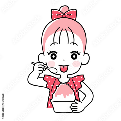 かき氷を食べて舌に色がついた女の子　ワントーン