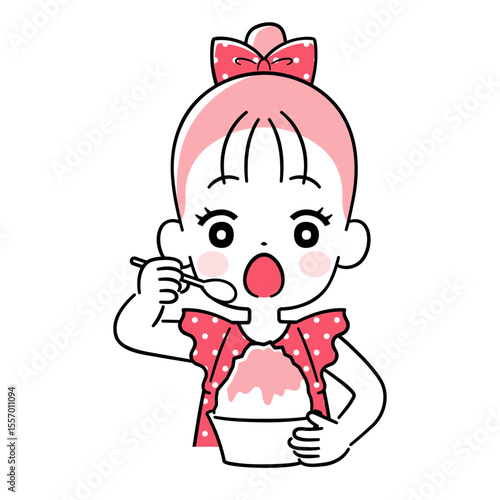 かき氷を食べる女の子　ワントーン