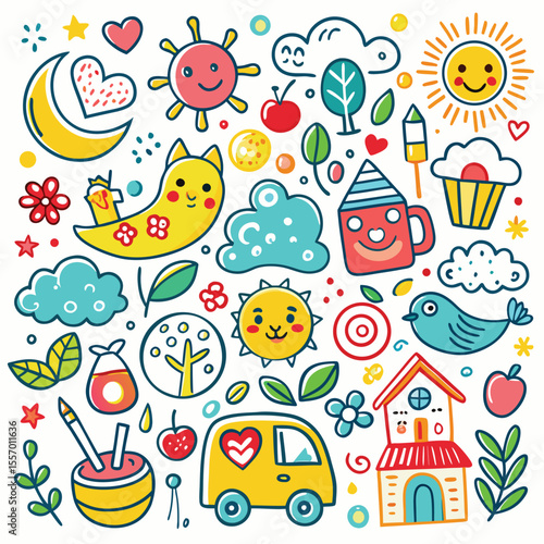 Seamless pattern vector illustration with funny cartoon animals and happy kids for birthday party design or baby summer decoration