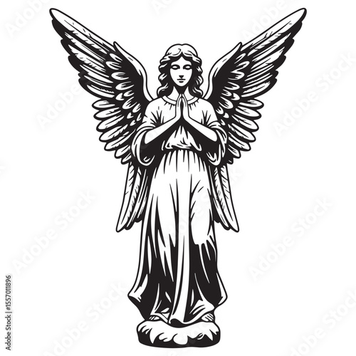 Elegant black and white angel statue illustration with upward wings and praying hands