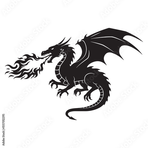 Fierce black dragon silhouette breathing fire depicting mythical creature for creative designs