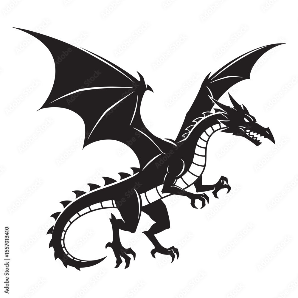 Fototapeta premium Powerful black dragon silhouette with outstretched wings representing myth and fantasy