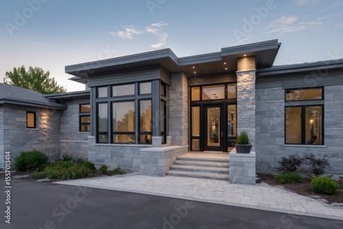 Modern Cape Cod-style house with gray stone facade large windows photographed at dusk with interior lights creating a