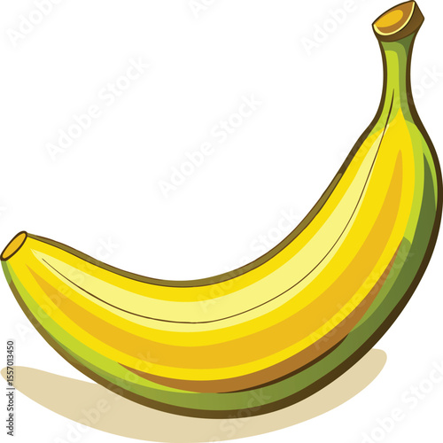 A single ripe yellow banana with green accents isolated on white background