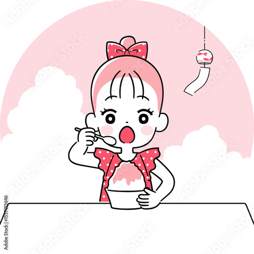 かき氷を食べる女の子　ワントーン