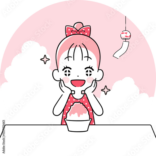 かき氷をキラキラした目で見つめる女の子　ワントーン