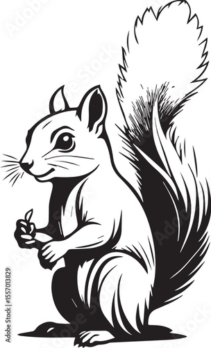 Print Cute Squirrel Holding Acorn Black and White Illustration