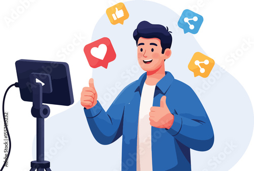 Happy young man vlogging, receiving positive online feedback and likes on his video.