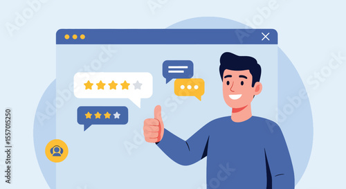 Happy young man vlogging, receiving positive online feedback and likes on his video.