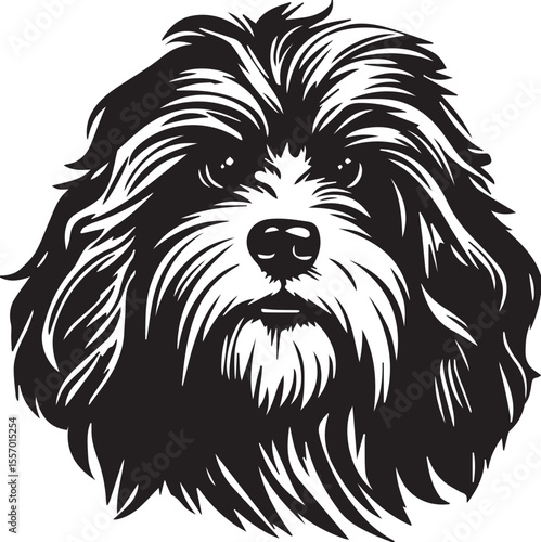 Print Fluffy Dog Head Black and White Illustration