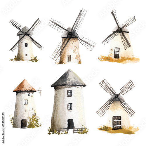 Charming watercolor illustration of six vintage windmills with rustic details and varying designs, set against transparency background. windmills evoke sense of nostalgia and pastoral beauty