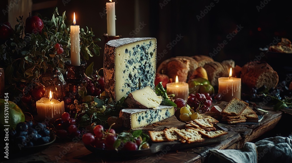 Fototapeta premium A gourmet cheese and fruit platter, beautifully arranged with candles.