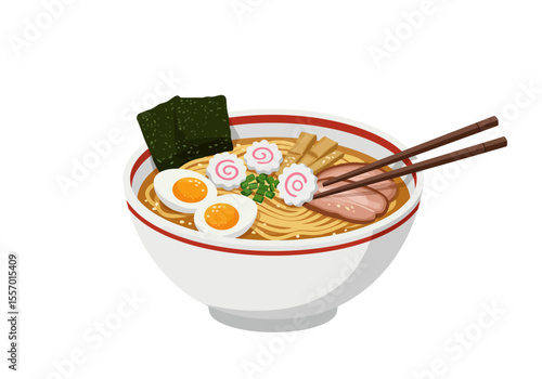 A bowl of ramen with various toppings and chopsticks