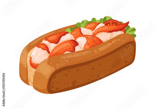 A cartoon lobster roll with lobster meat lettuce and tomato inside a hot dog bun
