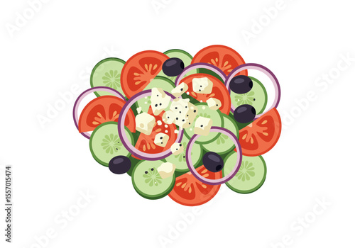 A colorful Greek salad featuring tomatoes cucumbers onions olives and feta creating a visually appealing fresh mix