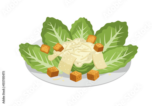 A Caesar salad with lettuce cheese croutons and dressing on a white plate