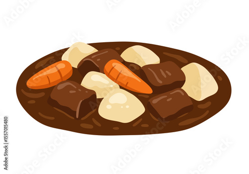 A dish of beef stew with carrots and potatoes in a brown sauce