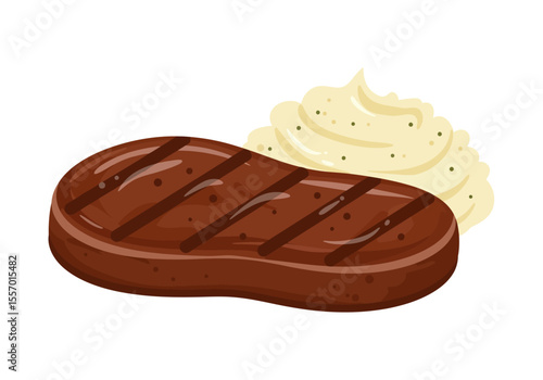 A cartoonstyle grilled steak is shown with a dollop of mashed potatoes