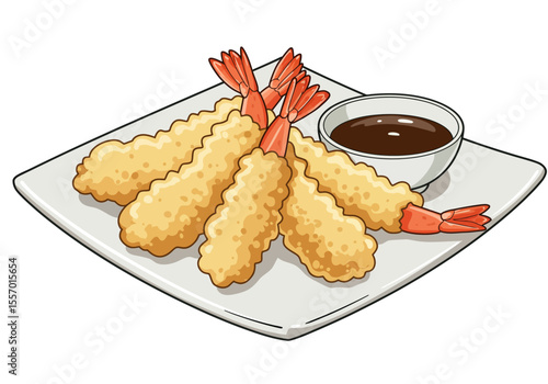 A plate holds five tempura shrimp and a dipping sauce bowl