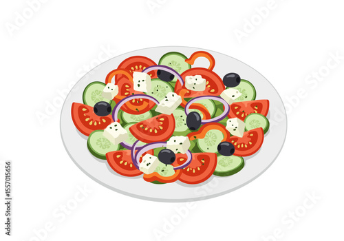 A plate filled with a Greek salad featuring tomatoes cucumbers feta olives and red onions