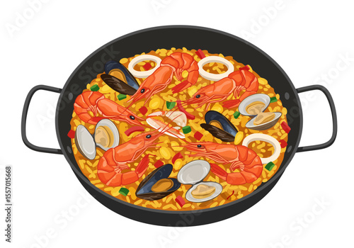 A paella dish with shrimp mussels clams and rice served in a black pan