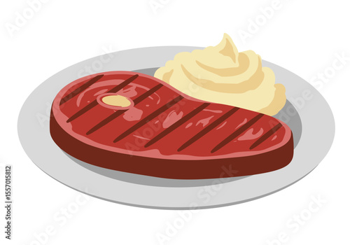 A steak with grill marks and a scoop of mashed potatoes on a gray plate