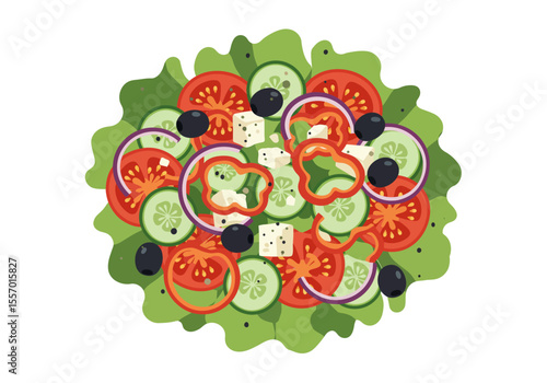 A stylized Greek salad featuring lettuce tomatoes cucumbers onions peppers olives and feta cheese