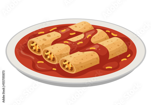 A white plate filled with enchiladas covered in red sauce with visible cheese and meat filling